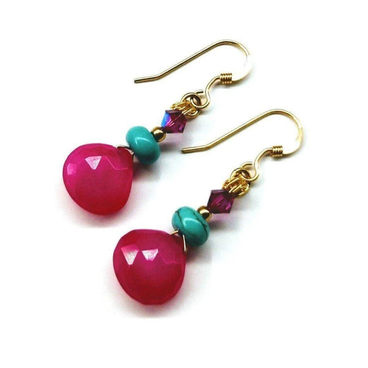 14 KT Gold Filled Wire Wrapped Pink and Turquoise Drop Gemstone Earrings