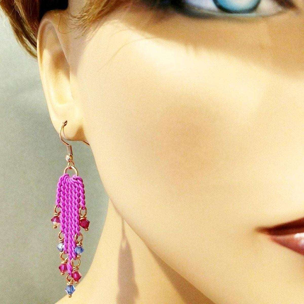 Vibrant Pink Crystal Tassel Drop Earrings