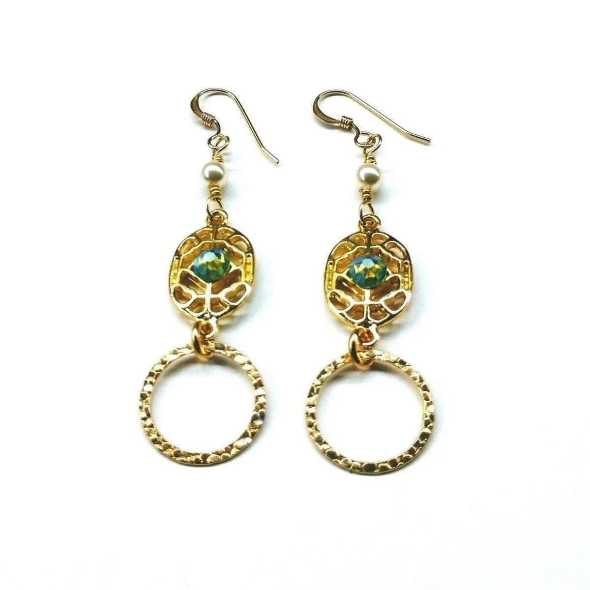 Luxe 14KT Gold-Filled Emerald Crystal Textured Filigree Hoop Earrings