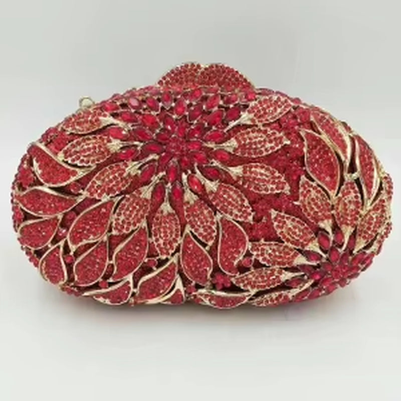 Gold Metal Leaves White Crystals Evening Clutch Bags Luxury Women Wedding Party Purse Ball Handbags Rhinestone Mini Minaudiere (070)
