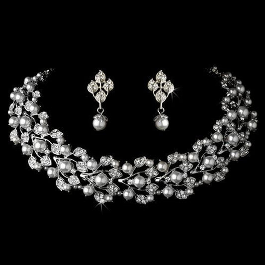 Bridal Wedding Jewelry Set Rhinestone Pearl Leaf White