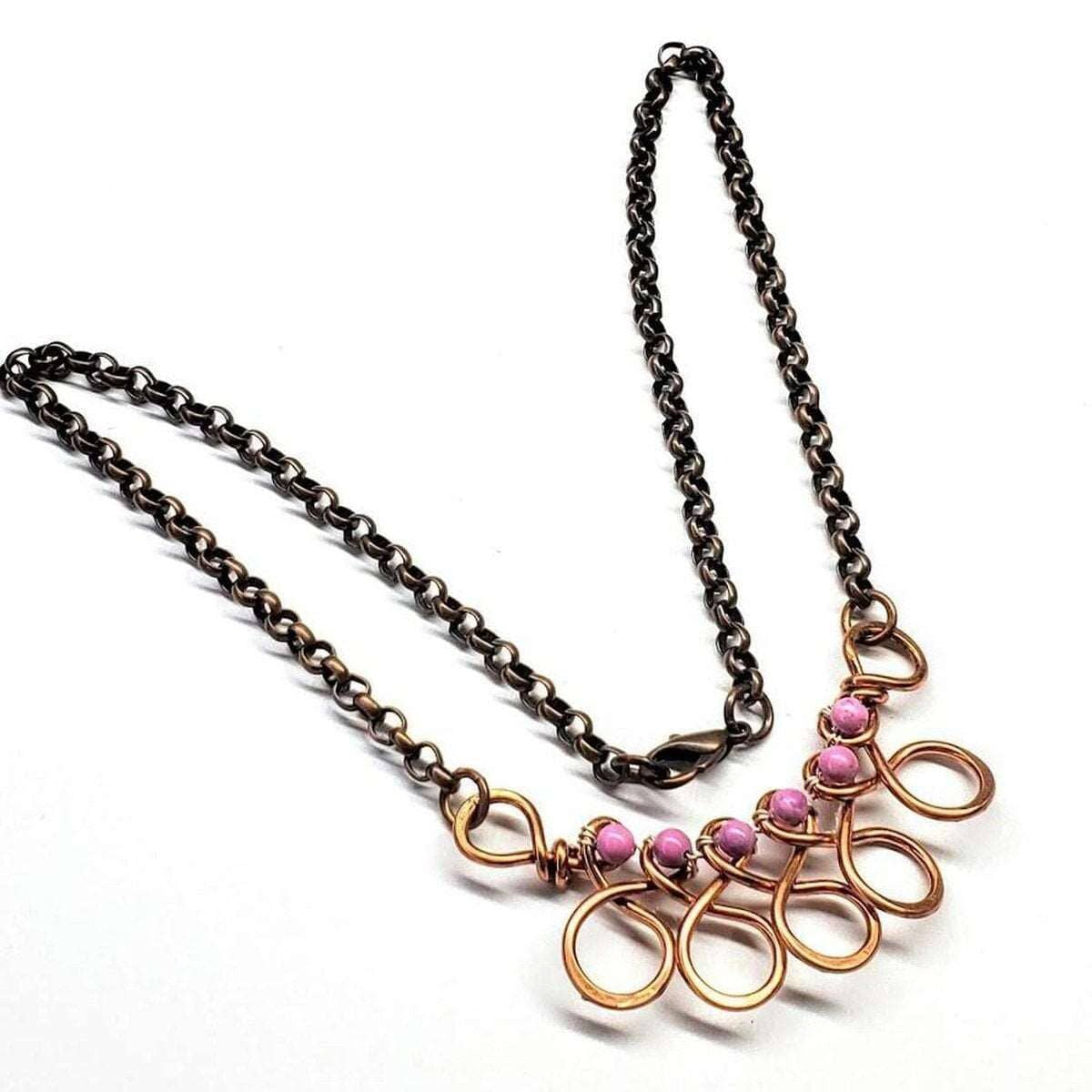 Copper Wire Wrapped Sculpted Pink Gemstone Necklace