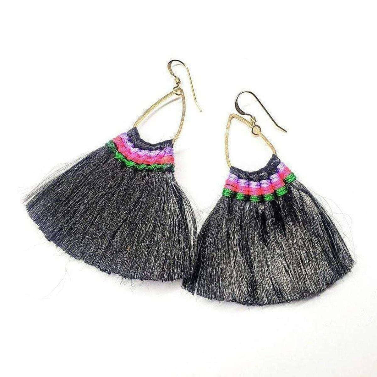 Vibrant Hula Skirt Tassel Hoop Earrings with Rayon Silk Accents