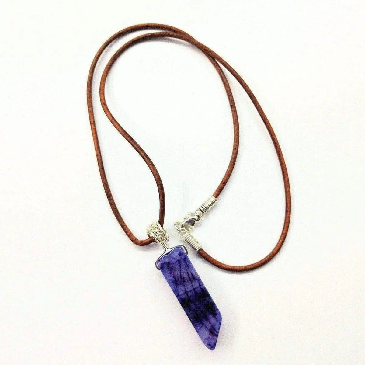 Mystic Violet Silver-Wrapped Agate Pendant on Leather Necklace