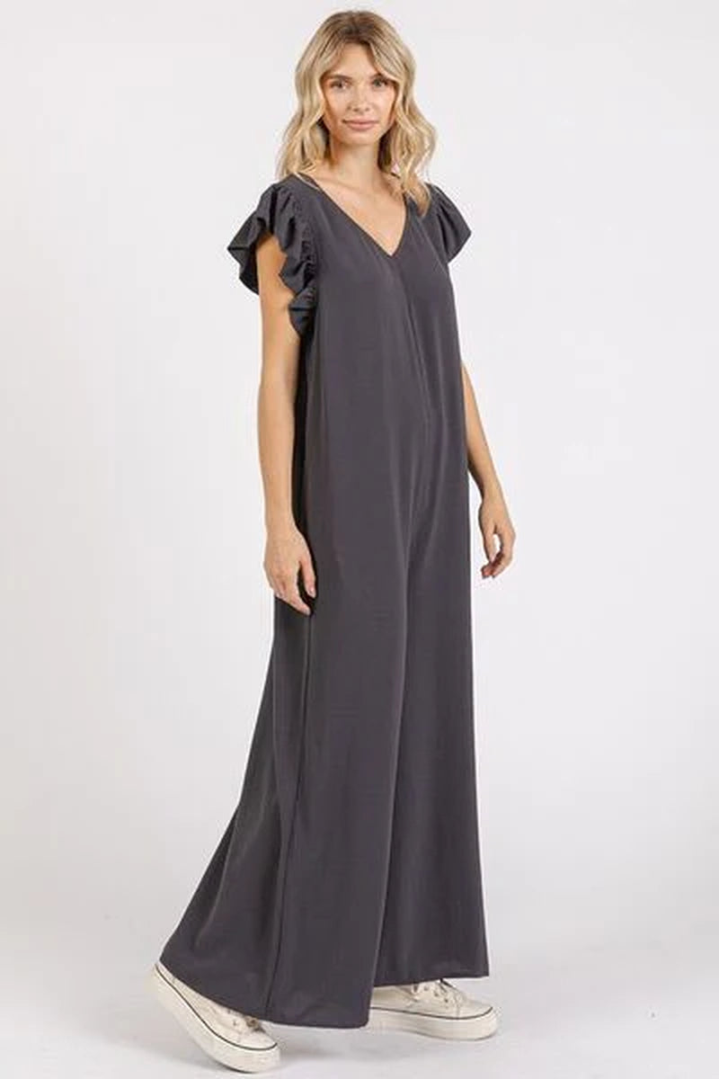 Mittoshop V-Neck Ruffled Cap Sleeve Wide Leg Jumpsuit