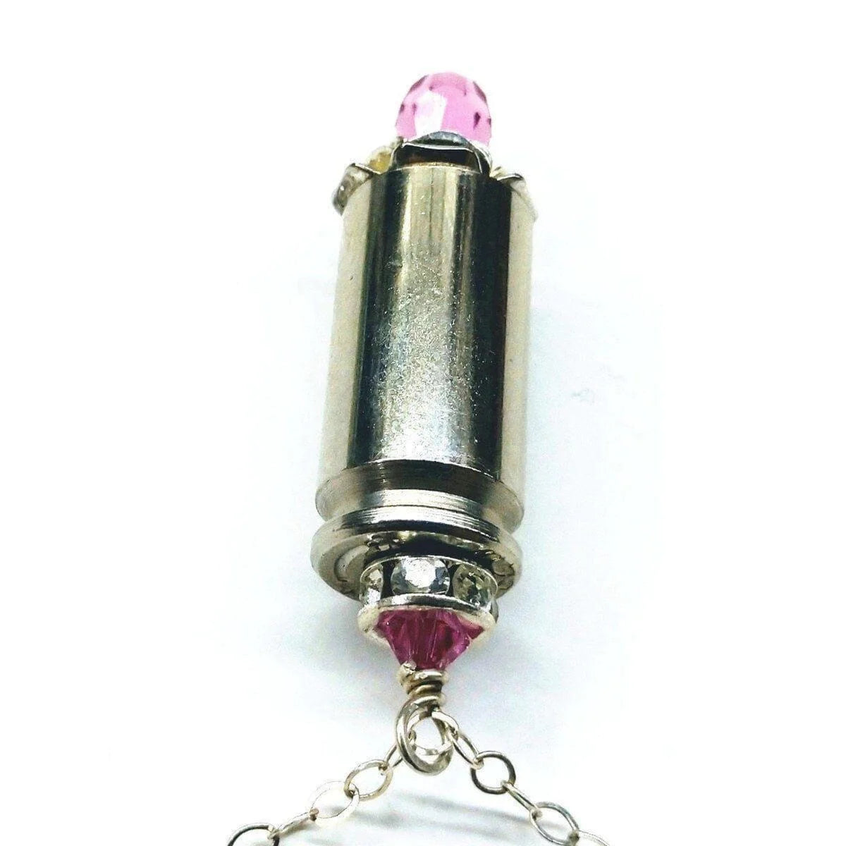 Vintage Style Pink Crystal Drop Silver Bullet Necklace