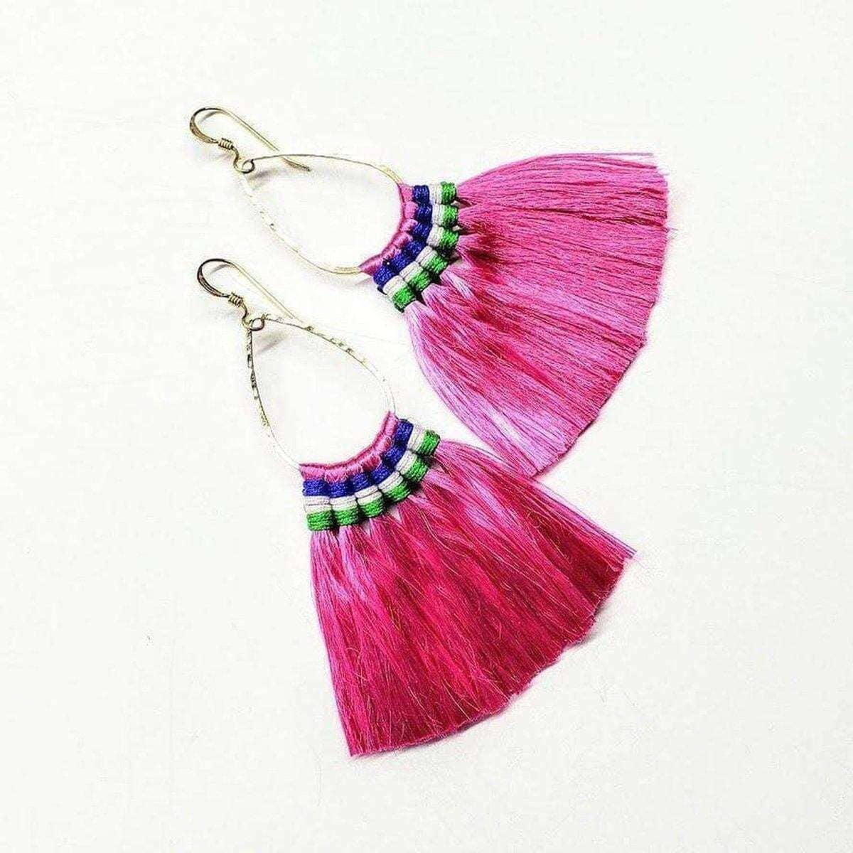 Vibrant Hula Skirt Tassel Hoop Earrings with Rayon Silk Accents