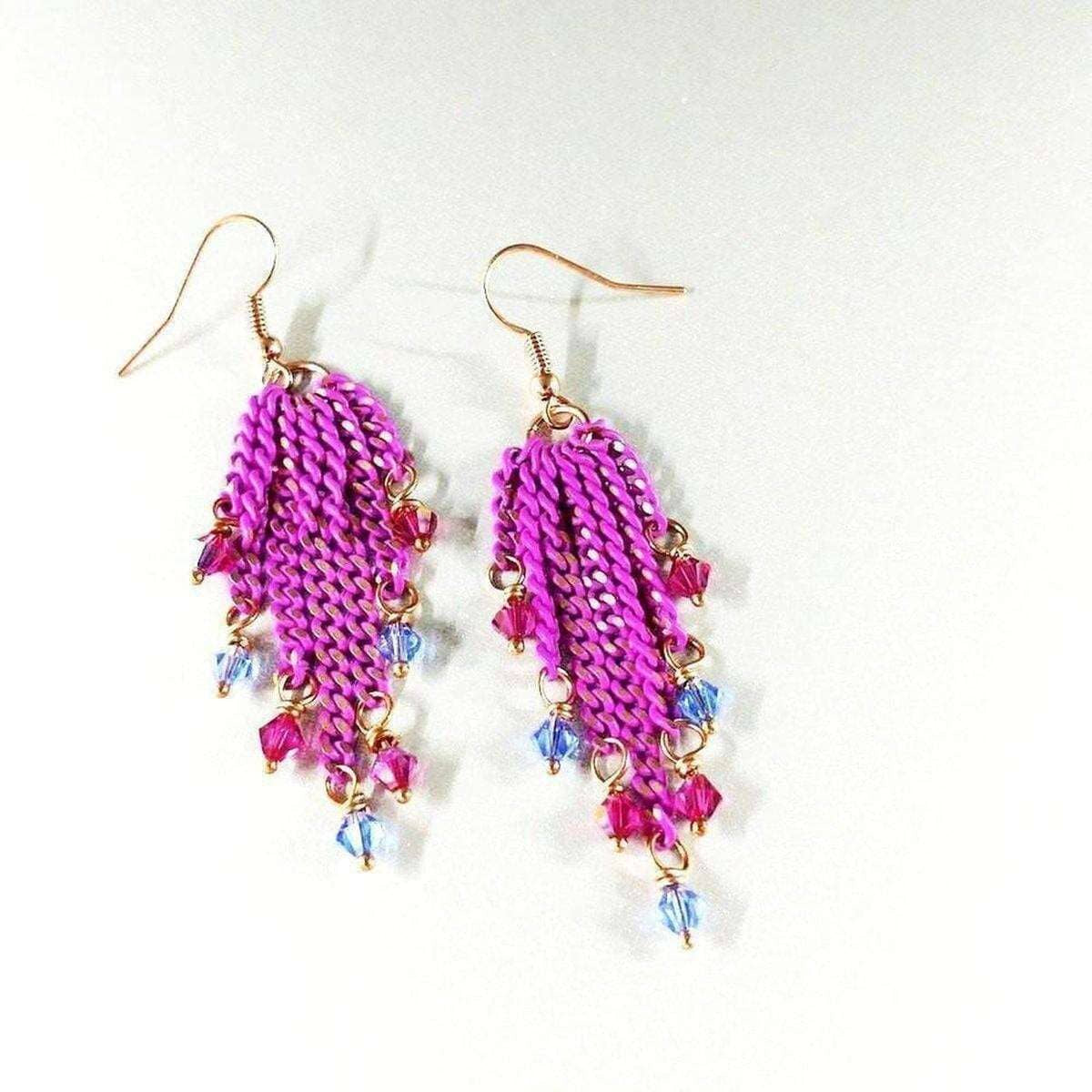 Vibrant Pink Crystal Tassel Drop Earrings