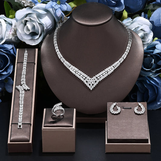2024 New Wedding Jewelry Set for Women Saudi Arabia 4 Pieces Zirconia Bridal Jewellery Collection Necklace Set (051)