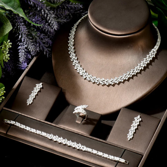 Luxury Women Jewelry Elegant Shape Bridal CZ Necklace Earrings Bracelet Ring 4Pcs Big Wedding Jewelry Sets for Bride (065)