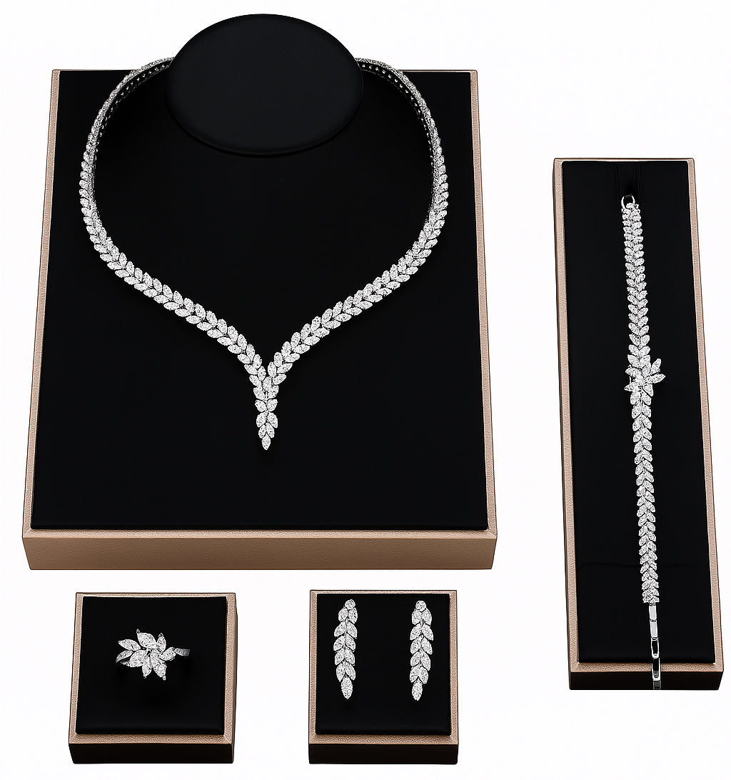 Luxury Bridal Jewelry Wedding Necklace Earrings Saudi Arabia Fashion Wedding Accessories Full Diamond 4-Piece Set (012)
