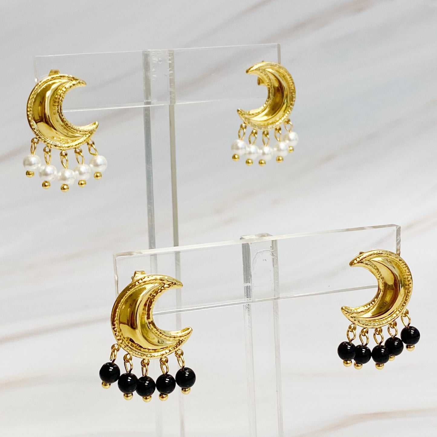 Dangle Beads Crescent Earrings