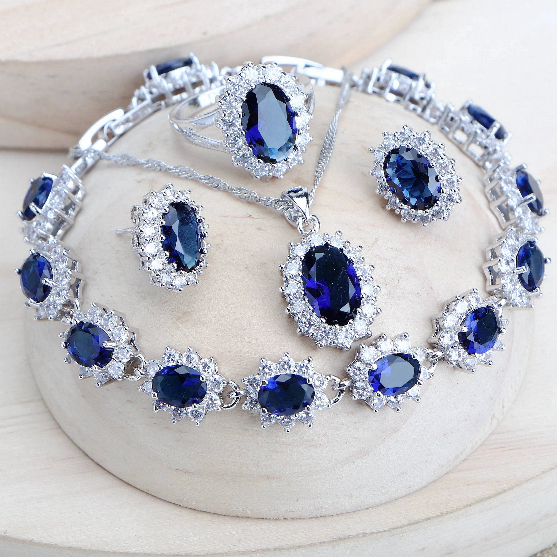 Silver 925 Women Bridal Jewelry Sets Blue Zirconia Costume Fine Jewellery Wedding Necklace Earrings Rings Bracelets Pendant Set (151)