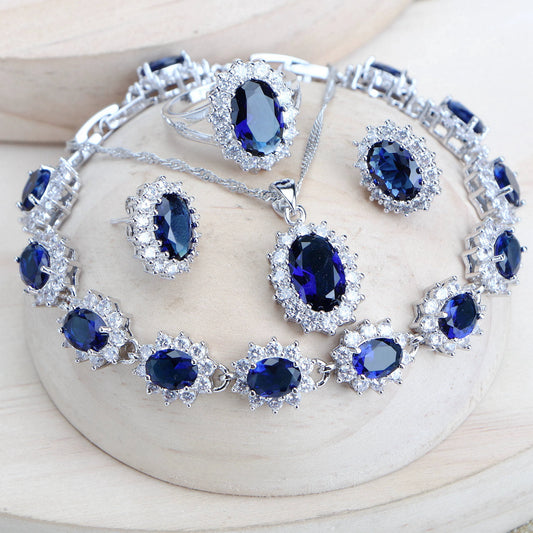 Silver 925 Women Bridal Jewelry Sets Blue Zirconia Costume Fine Jewellery Wedding Necklace Earrings Rings Bracelets Pendant Set (151)