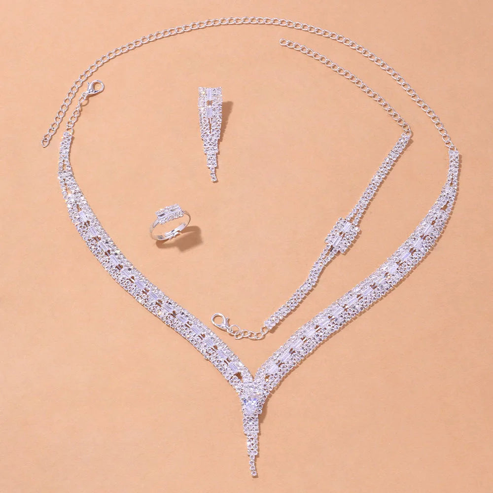 Stonefans Silver Color Geometric Rhinestone Bridal Jewelry Set Women Hollow Zircon Necklace Earring Bracelet Ring Set Party Gift (144)