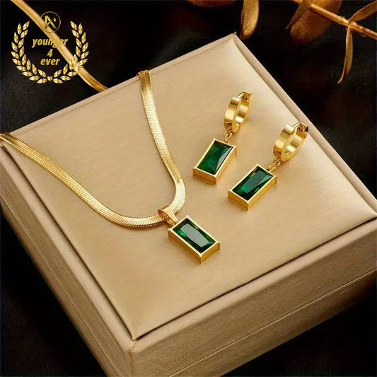 Golden Stainless Steel Flat Chain Square Necklace Earrings