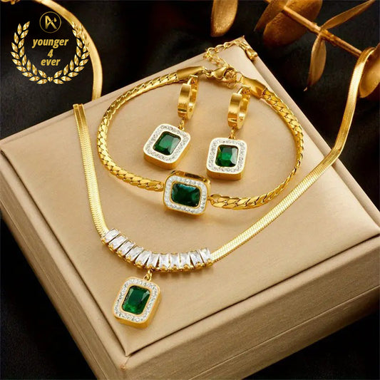 Set of stainless steel jewelry green square necklace hand jewelry earrings three