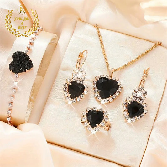 Luxury Heart Jewelry Set Sparkling Elegant Style Ring Earrings Necklace Set