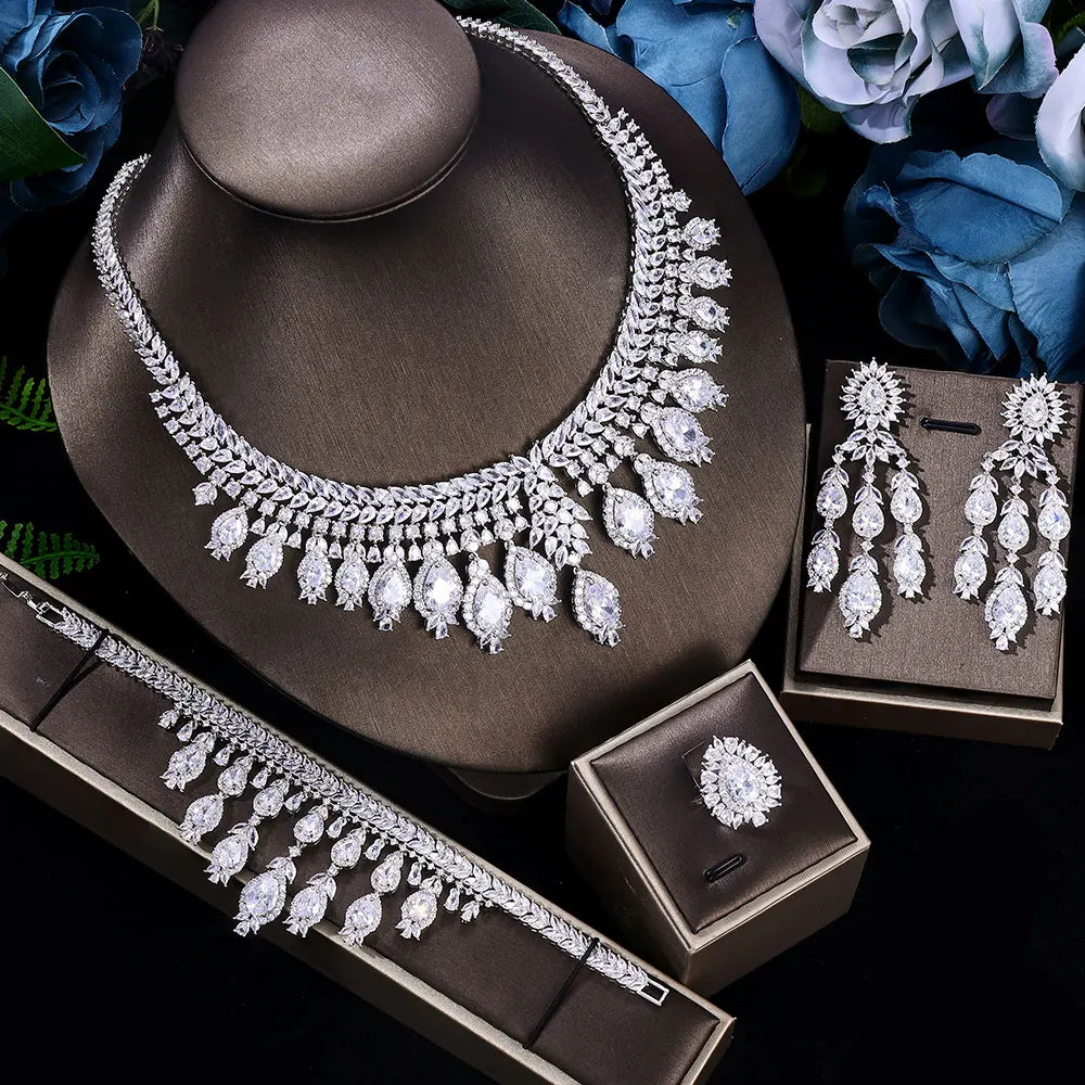 2024 Hot Selling 3A Zircon Luxury 4-Piece Bridal Wedding Jewelry Set Crystal Necklace Set Dubai Jewelry Set