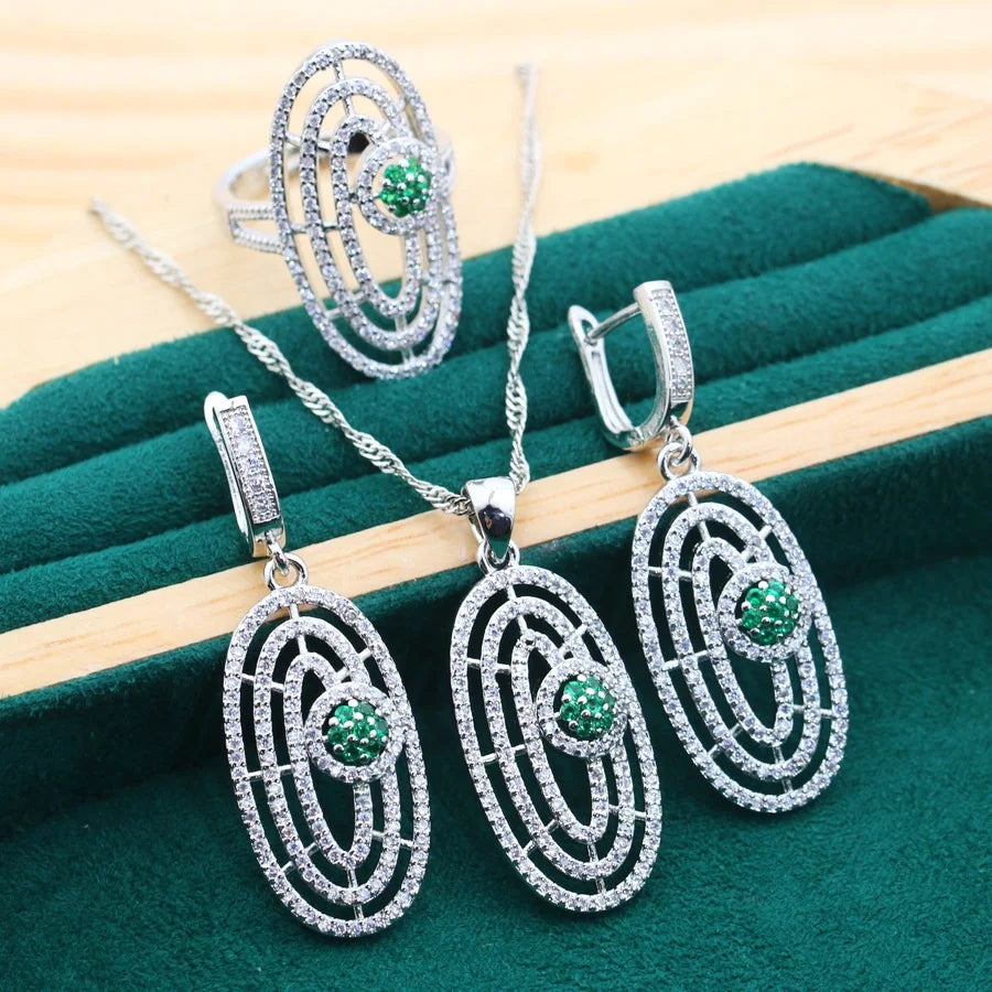 Bridal Silver 925 Jewelry Sets round Green Zircon Bracelets Earrings Rings Pendant Wedding Necklace Set for Women (159)