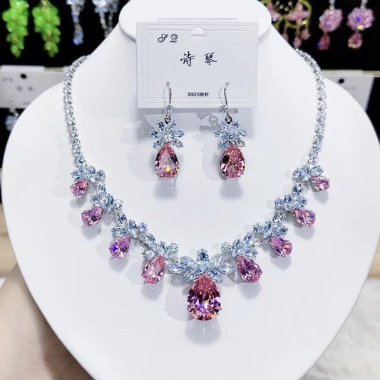 Green Emerald Waterdrop Pendant Zirconia Necklace Earrings Women New Silver Color Bridal Wedding Fashion Jewelry Set Party Gifts (096)