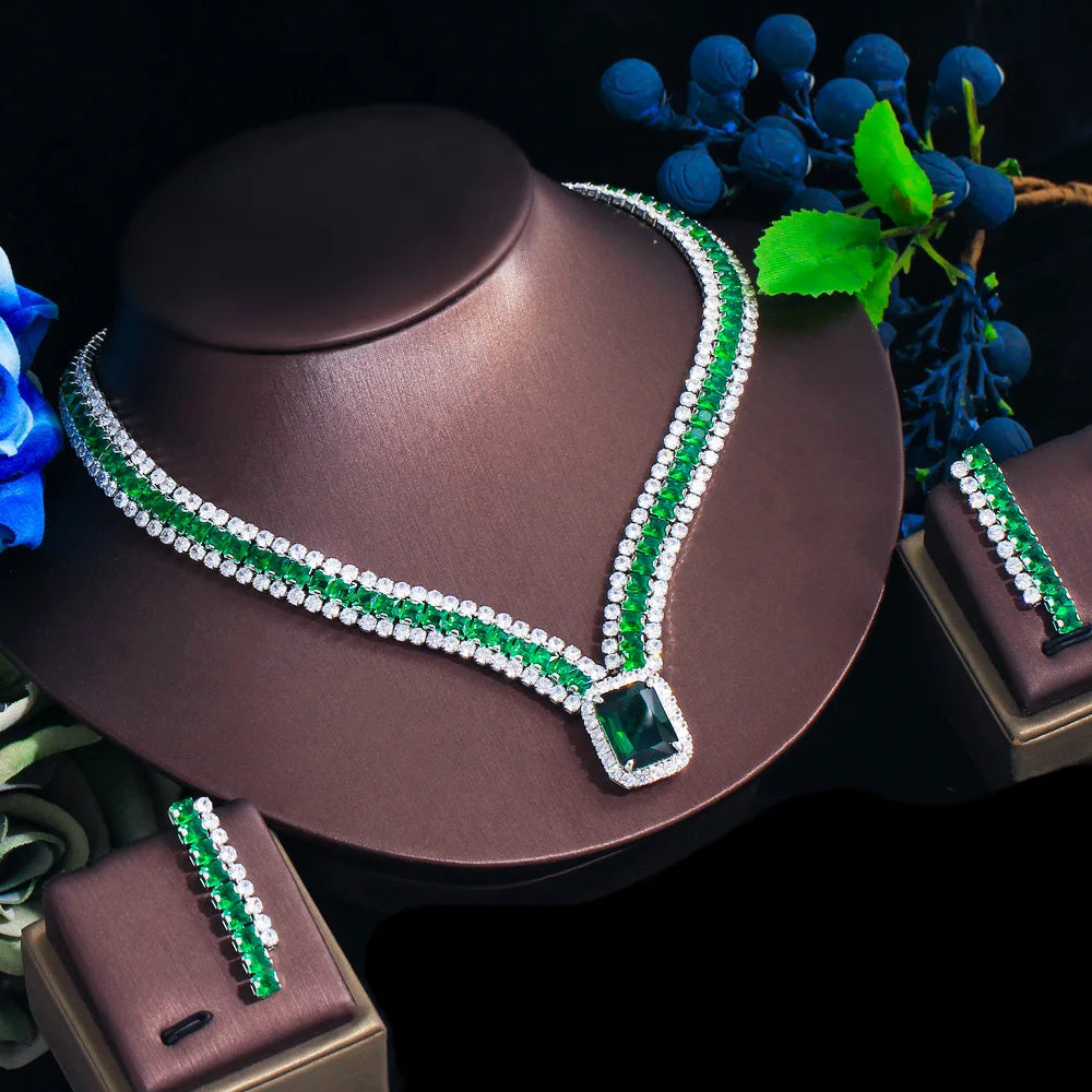 Threegraces Elegant Green Cubic Zirconia Big Geometric Square CZ Necklace and Earrings Luxury Party Jewelry Set for Women TZ936