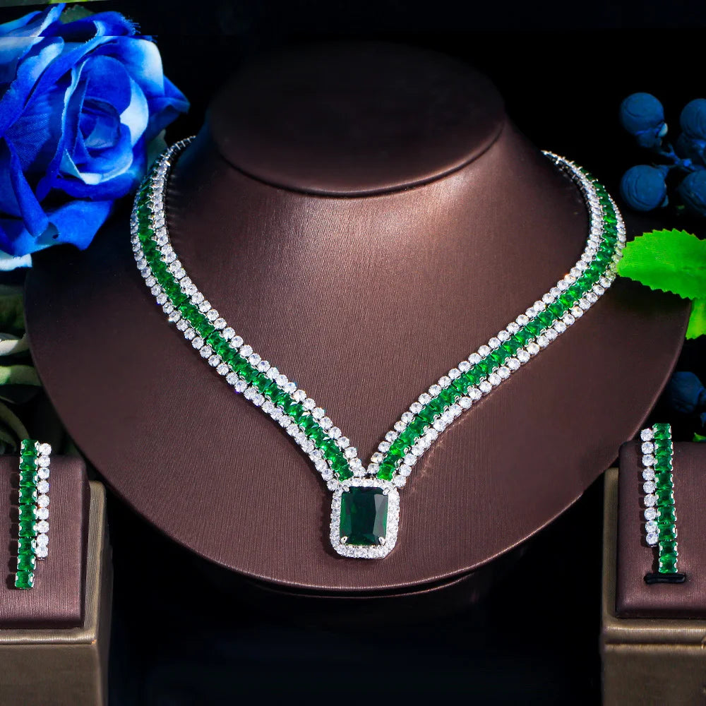 Threegraces Elegant Green Cubic Zirconia Big Geometric Square CZ Necklace and Earrings Luxury Party Jewelry Set for Women TZ936