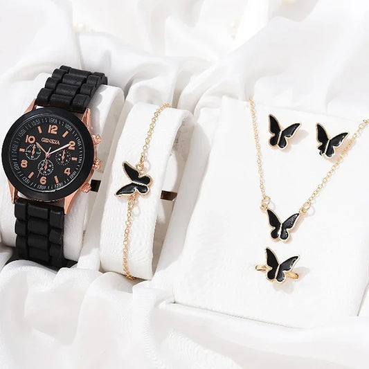 5Pcs/Set Fashion Women Watch round Dial Classic Watches Women Simple Clock& Jewelry Set for Female Gift (115)