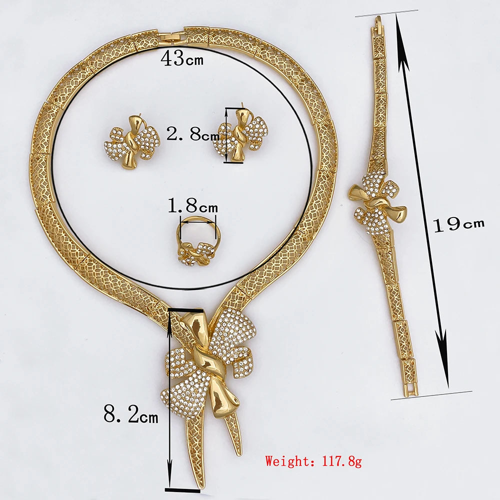 Italy 18K Gold Plated Women Jewelry Set Classic Design Bowknot Necklace Earring Bracelet and Ring 4PCS Set Jewelry Wedding Party