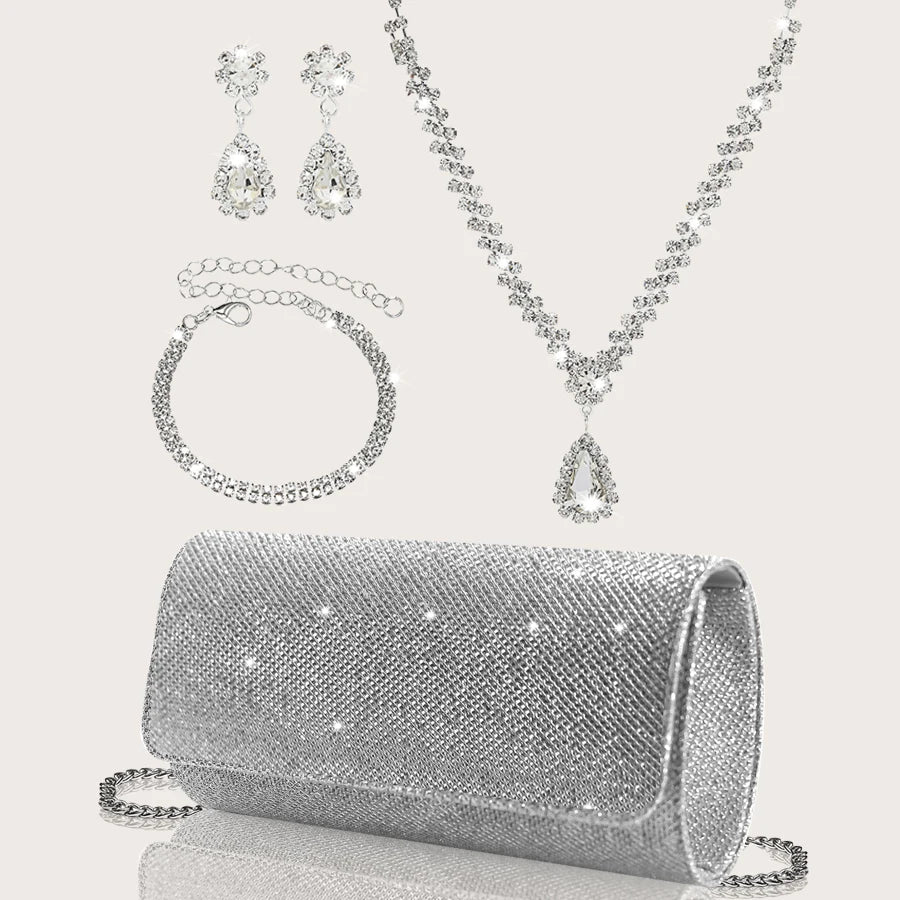 Sophisticated and Elegant Sparkly Party Clutches and Wallets Paired with Luxe Rhinestone Necklace, Earrings and Bracelet Sets. (051)
