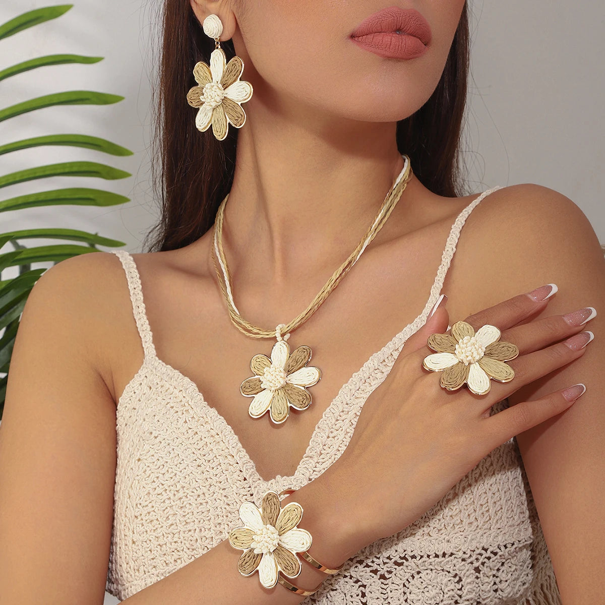 5Pcs/Set Handmade Raffia Woven Earrings Necklace Bracelet Ring for Women Summer Boho Geometric Rattan Knit Jewelry Sets Gifts (118)