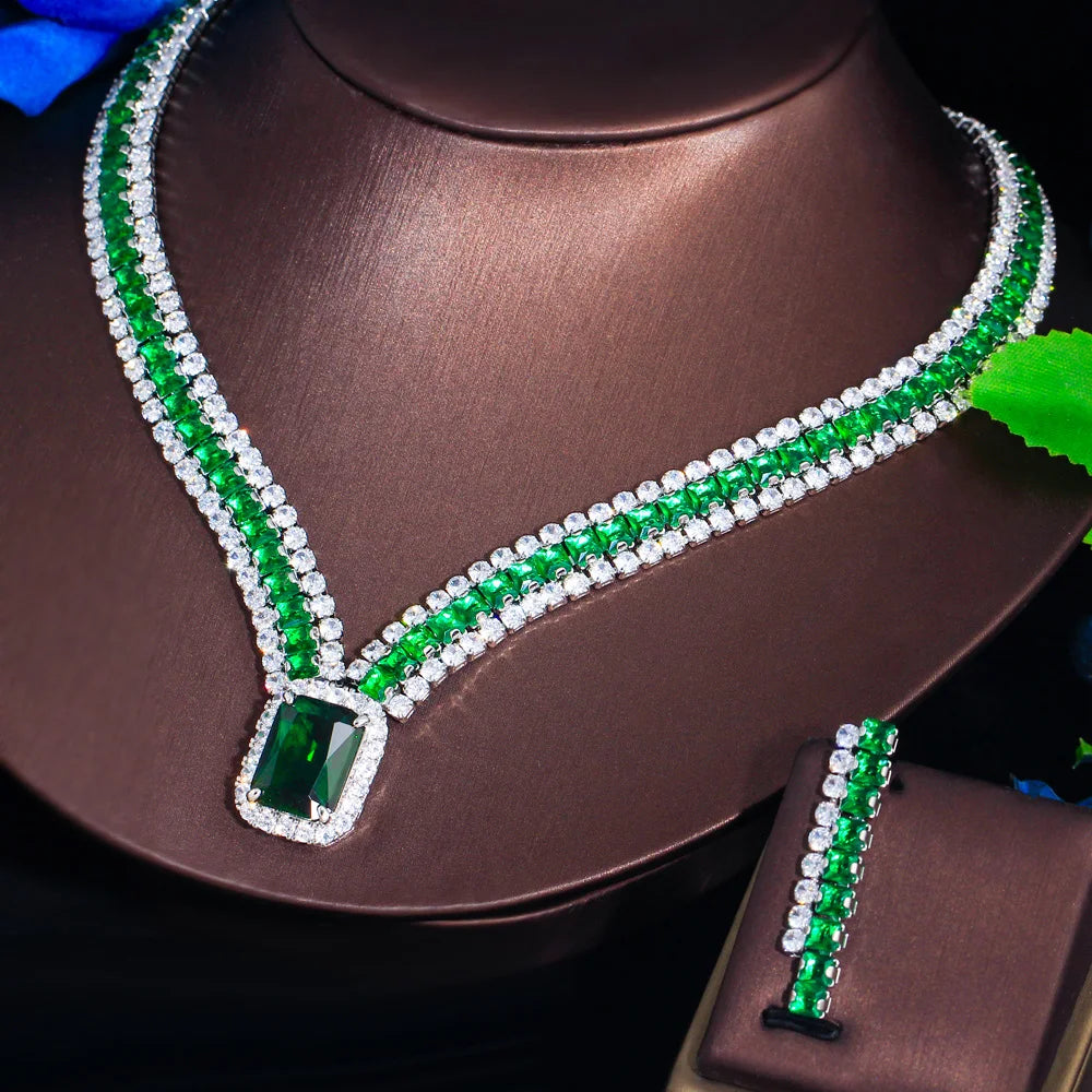 Threegraces Elegant Green Cubic Zirconia Big Geometric Square CZ Necklace and Earrings Luxury Party Jewelry Set for Women TZ936