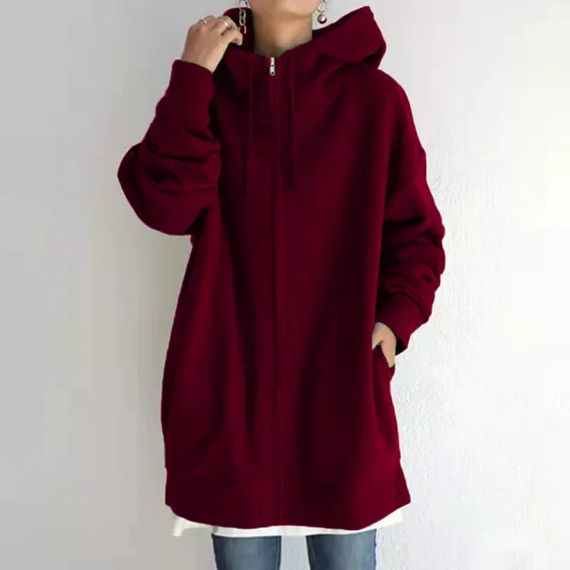 Women Thickened Warm Solid Color Hooded Sweatshirt Double Pockets Zipper Cardigan Hoodie Female Long Outerwear Trend Streetwear