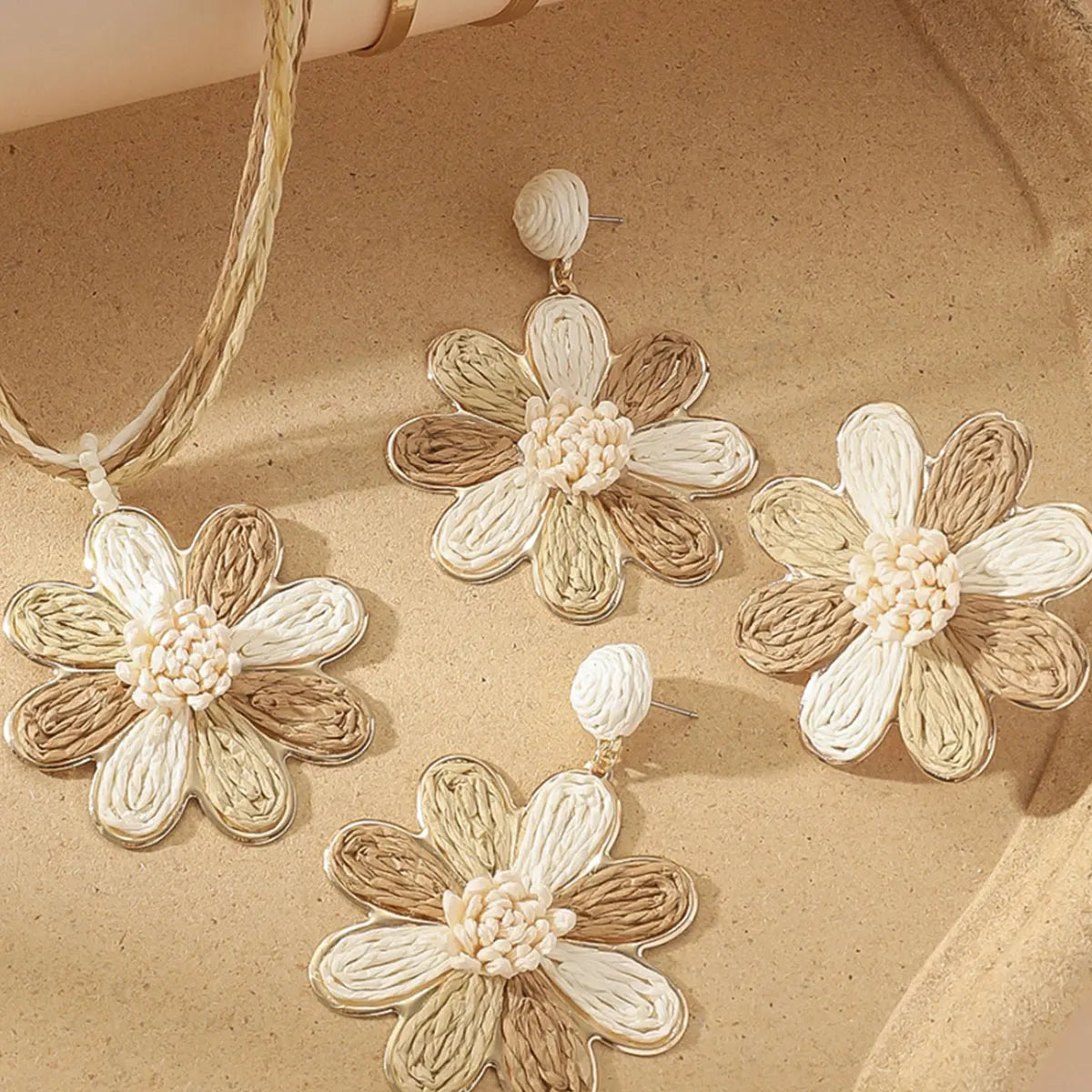 5Pcs/Set Handmade Raffia Woven Earrings Necklace Bracelet Ring for Women Summer Boho Geometric Rattan Knit Jewelry Sets Gifts (118)