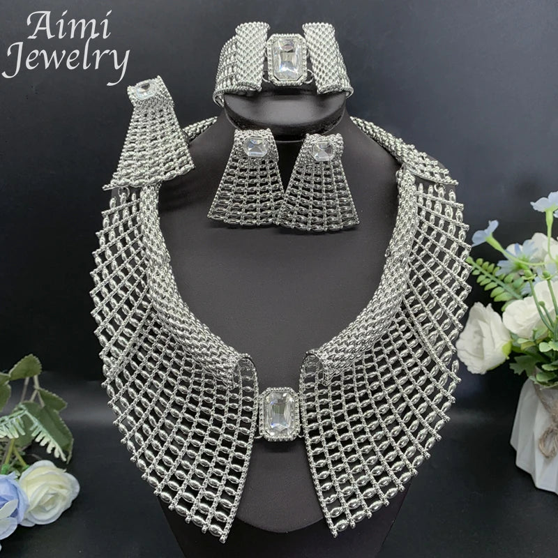 Retro Gemstone Necklace Earrings Bracelet Ring Rhinestone Silver Plated Jewelry Set for Women African Bridal Wedding Party Gifts (143)