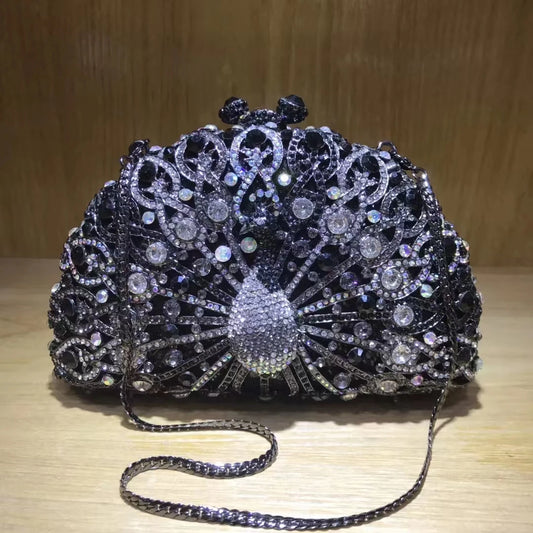 Woman Peacock Hollow Crystal Evening Bag Multicolored Diamond Bridal Animal Clutch Purse Wedding Cocktail Party Handbag