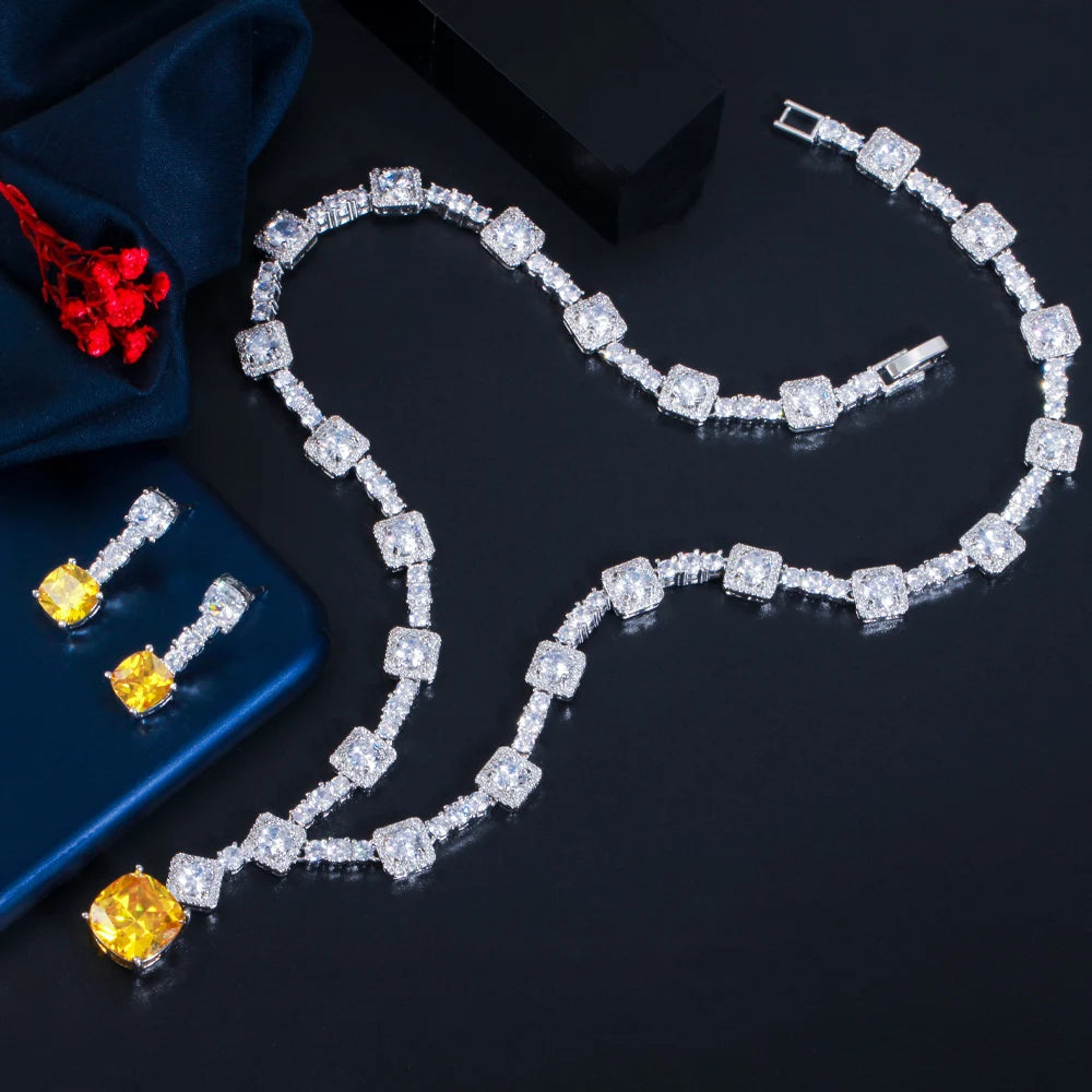 Super Shiny Big Square Yellow Cubic Zirconia Stone Wedding Bridal Necklace Earrings Party Costume Jewelry Sets for Women T0726 (055)