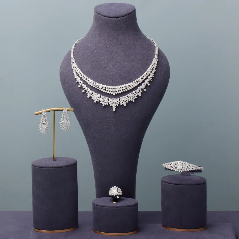 Dazzling Women Wedding ry Set 4 PCS Ring Earring Bracelet Necklace Cubic Zirconia Bridal lery Accessories High Quality (107)