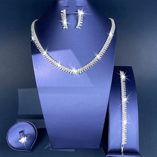 5Pcs/Set Gorgeous Tassel Copper Bottom Full Zircon Jewelry Set, Cubic Zirconia Female Engagement Party Prom Jewelry Eid Al-Adha (113)