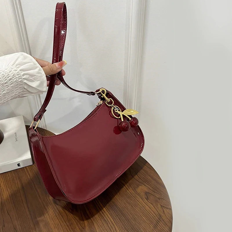Vintage Retro Shoulder Bag for Women PU Leather Underarm Crossbody Ladies Casual Handbag Purse with Cherry Pendant (040)