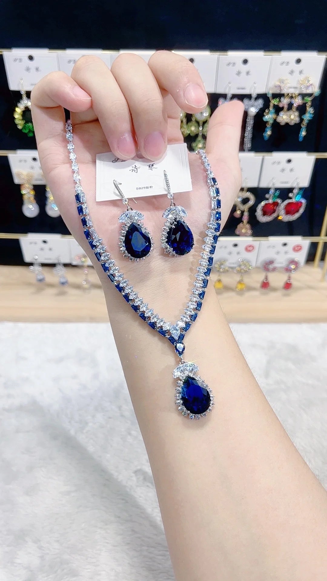 1 Set of Fashionable Blue Waterdrop Zirconia Pendant Necklace, Earrings, Jewelry Set, Women'S Bridal Wedding Banquet Party Daily