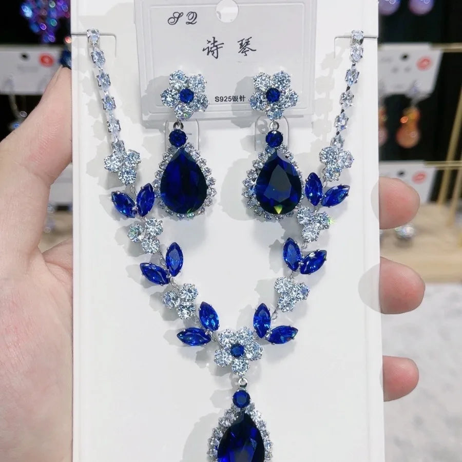 1 Set of Fashionable Blue Waterdrop Zirconia Pendant Necklace, Earrings, Jewelry Set, Women'S Bridal Wedding Banquet Party Daily
