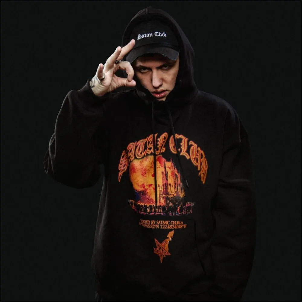 Hip Hop Streetwear Men Hoodie Oversized Pullover Satan Club Graphic Print Y2K Hooded Sweatshirt Harajuku Goth Aesthetic Clothing