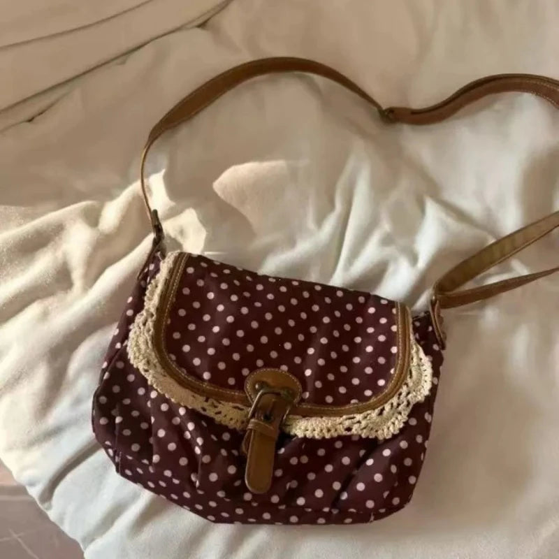 New Korean Polka Dot Niche Design Vintage Women'S Single Shoulder Crossbody Bags Fashion Polka Dot Canvas Bag (053)