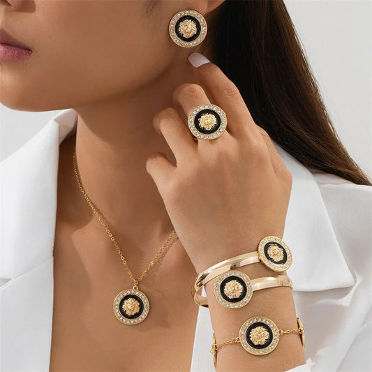 5Pcs/Set Gold-Plated Lion Head Party Jewelry Set for Women Crystal Pendant Necklace Bracelet Chains Bangles Earrings Ring (135)