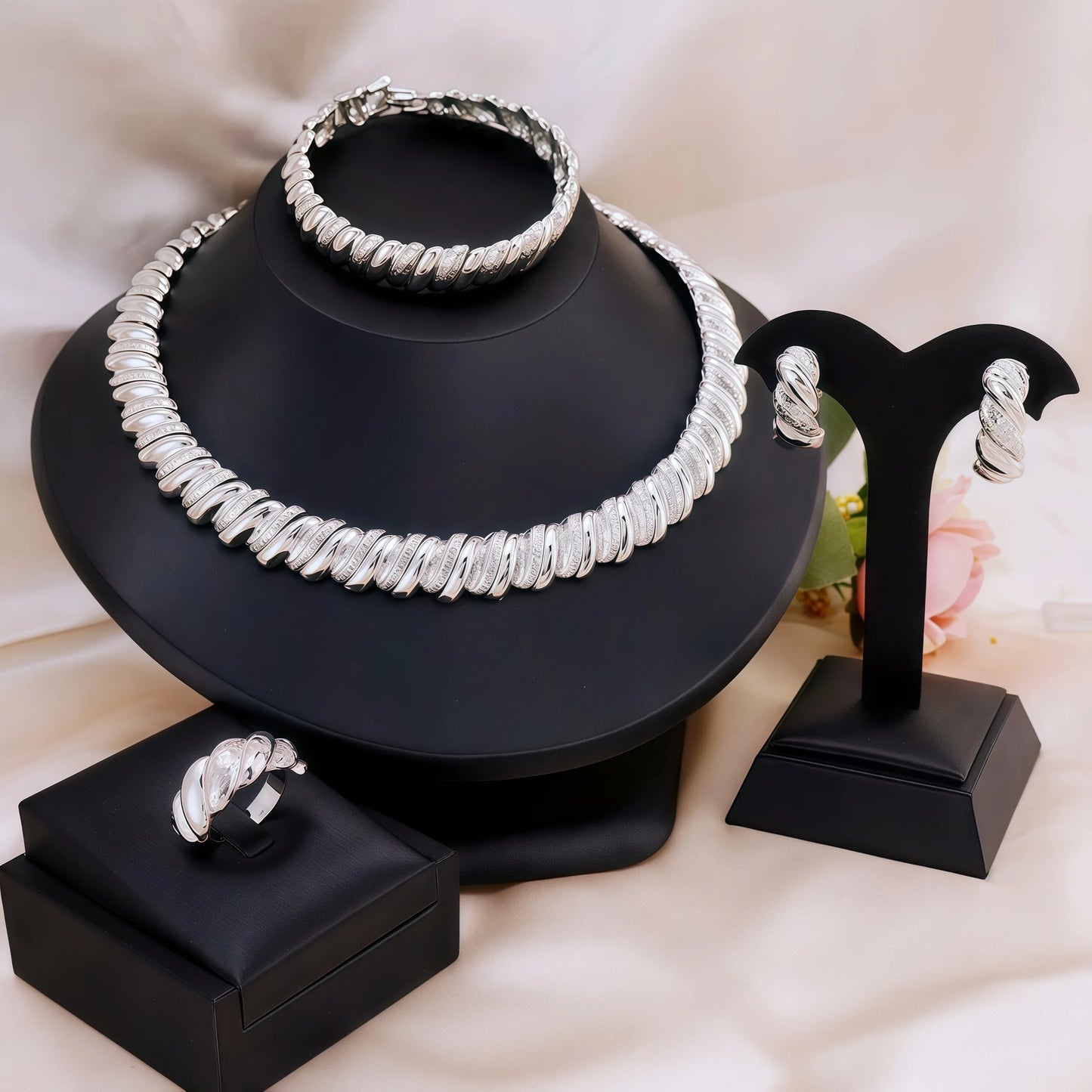 5Pcs Golden Vintage Necklace, Bracelet, Earrings, and Ring, a Jewelry Set for Women'S Wedding Brides