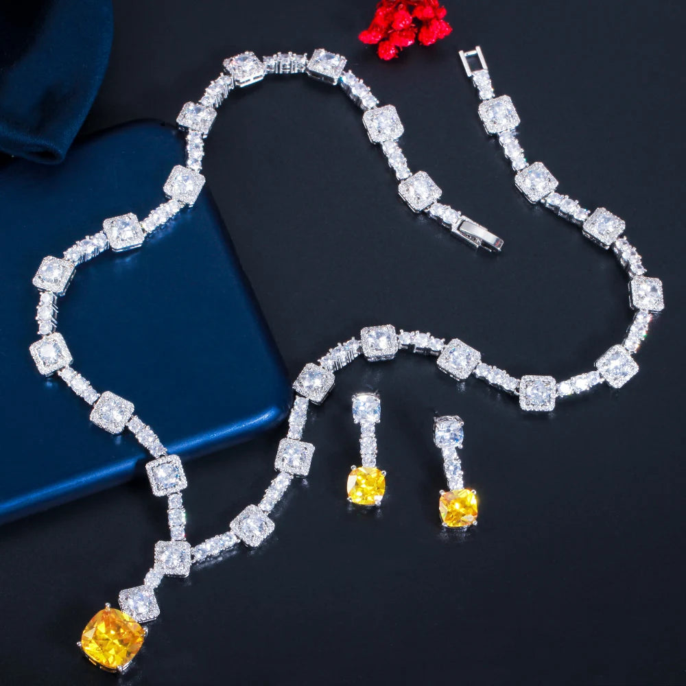 Super Shiny Big Square Yellow Cubic Zirconia Stone Wedding Bridal Necklace Earrings Party Costume Jewelry Sets for Women T0726 (055)