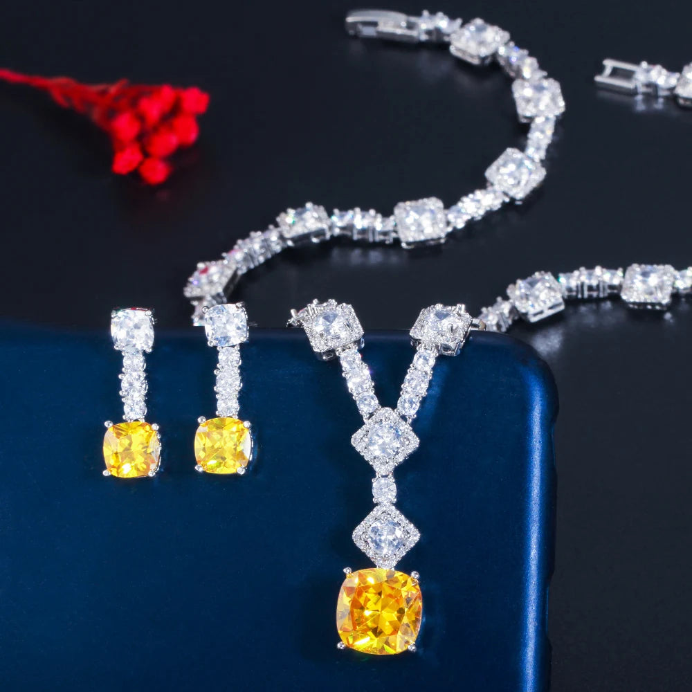 Super Shiny Big Square Yellow Cubic Zirconia Stone Wedding Bridal Necklace Earrings Party Costume Jewelry Sets for Women T0726 (055)