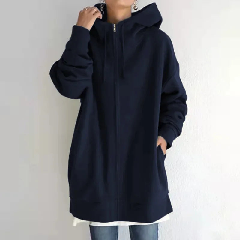 Women Thickened Warm Solid Color Hooded Sweatshirt Double Pockets Zipper Cardigan Hoodie Female Long Outerwear Trend Streetwear