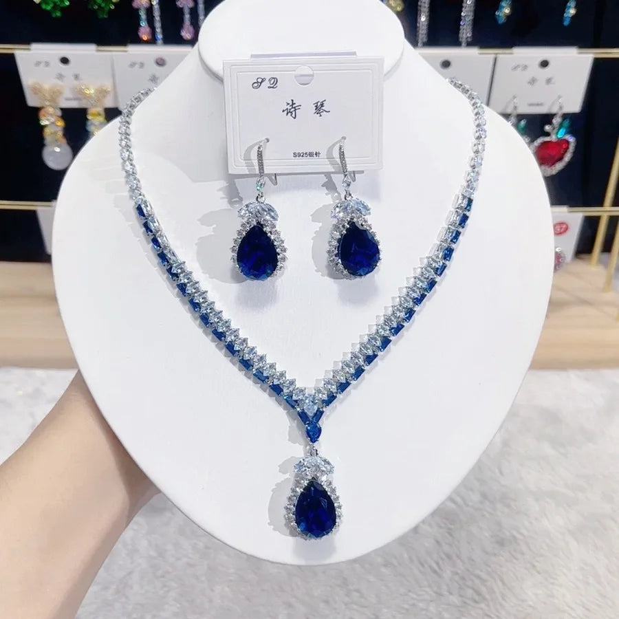 1 Set of Fashionable Blue Waterdrop Zirconia Pendant Necklace, Earrings, Jewelry Set, Women'S Bridal Wedding Banquet Party Daily